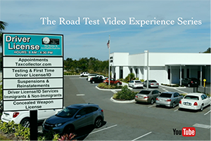 Photo of driver license building, parking lot, and sign. The sign bears the office's logo and the following text: driver license, hours 9:00 a.m. to 4:30 p.m., appointments taxcollector.com, testing and first-time driver license / ID, suspensions and reinstatements, driver license / ID services immigrants and non-immigrants, concealed weapon license. Photo also bears the YouTube logo and the following text: the road test video experience series.