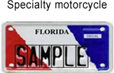 Specialty motorcycle. Photograph of a sample motorcycle license plate. Plate number is the word Sample. The letters start at the left side of the plate. There is no graphic design requiring separation or special placement of the letters.