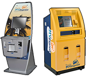 Two kiosks: a gray, taller, thinner one and a yellow, shorter, wider one. Both have text of M V Express on the front.